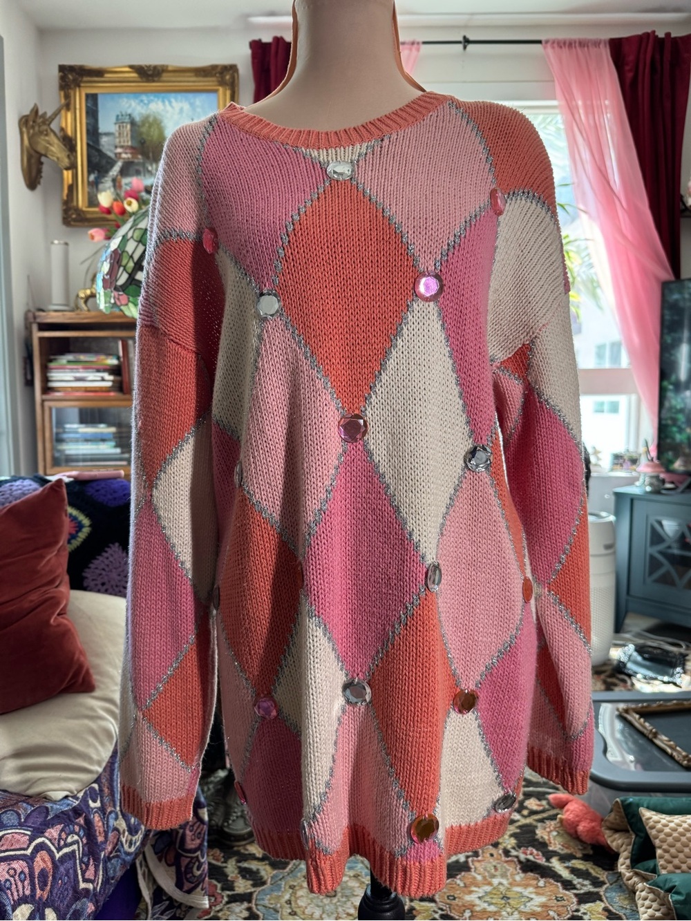 Vintage Express Tricot Pink Jeweled Argyle Sweater XS 80s 90s